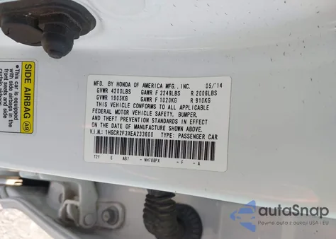 2014 Honda Accord Lx z USA, uszkodzony, nr VIN 1HGCR2F3XEA233600